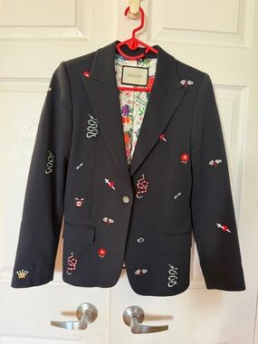 Gucci Floral-Lined navy
 Jacket with Cream Interior
